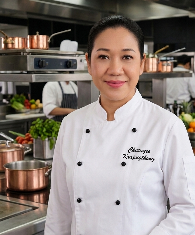 Chef Chatayee Venus Kapugthong in a professional kitchen