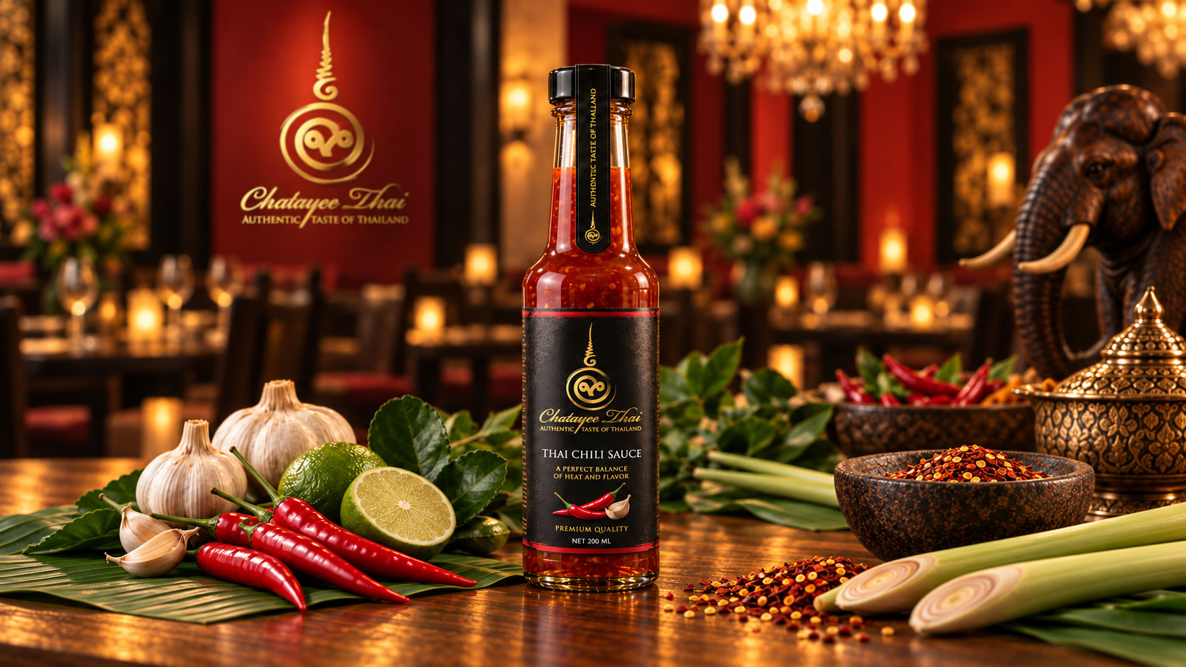 Chatayee Thai Chili Sauce surrounded by red chilies, lime, herbs and lemongrass