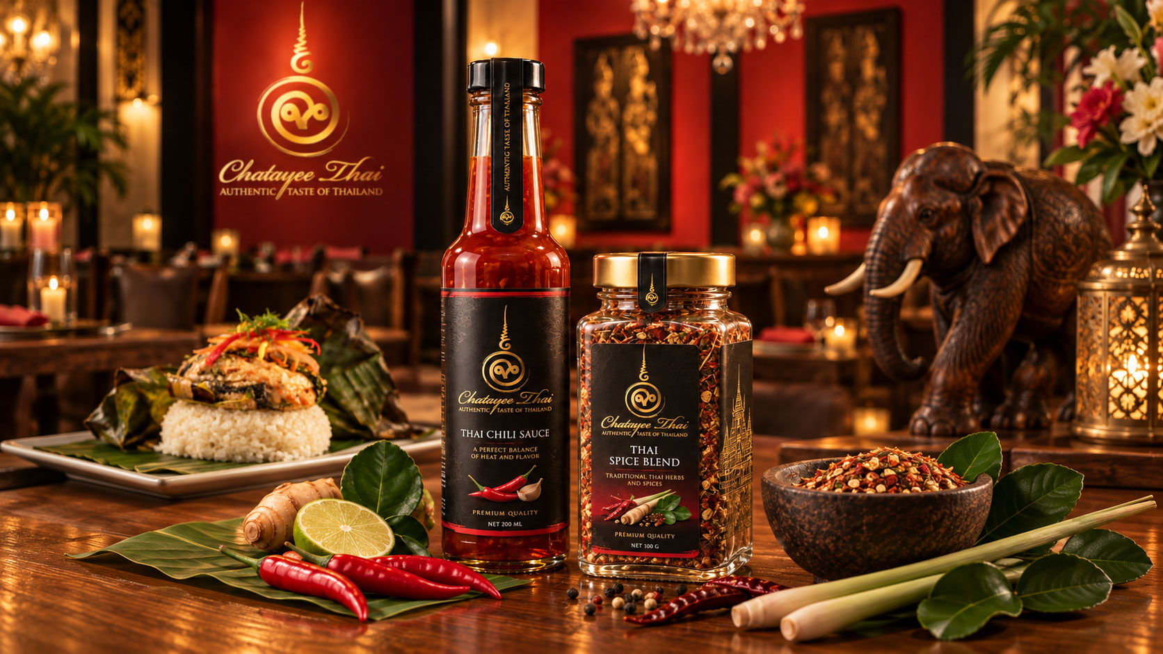 Chatayee Thai chili sauce and Thai spice blend displayed in an elegant Thai restaurant setting